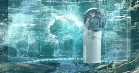 Scanning waterfall, sleek white sensor turret showing holographic data overlay Stock Photos