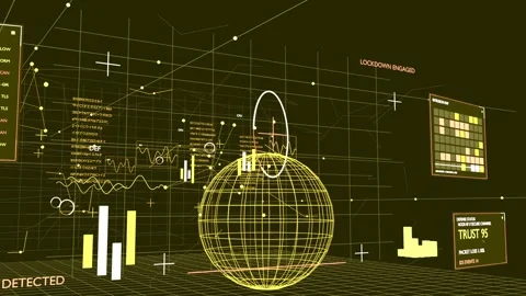 Scanning yellow wireframe sphere at grid HUD after  or  or  INTRUSION DETECTED, Stock Footage 337505077