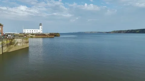 Scarborough Lighthouse and Harbour from a drone, Vincent Pier, Scarborough, UK Stockbeeldmateriaal 277468601