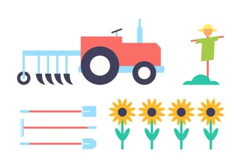 Scarecrow and Tractor Set Vector Illustration Stock Illustration