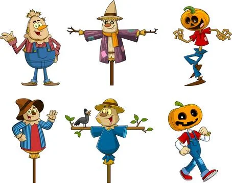 Scarecrow Cartoon Characters. Vector Hand Drawn Collection Set Stock Illustration