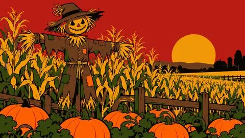 Scarecrow in cornfield with pumpkins under red sunset sky for autumn farm h.. Stockillustratie