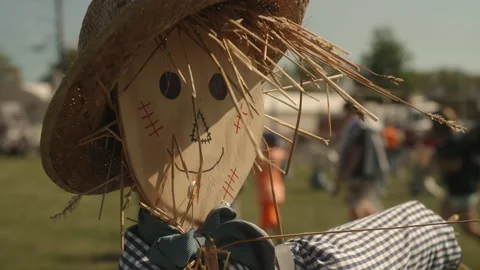 Scarecrow face in field with harsh sunlight, Slow Motion Stock Footage 147291340
