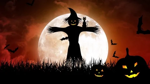 ScareCrow in the Fields and Moon in Red Sky Stock Footage 79791984