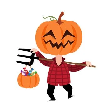 Scarecrow ghost with pumpkin head . Cute halloween cartoon characters . Vec.. Stock Illustration