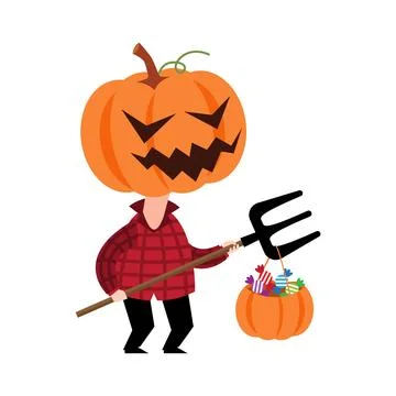 Scarecrow ghost with pumpkin head . Cute halloween cartoon characters . Vec.. Stock Illustration
