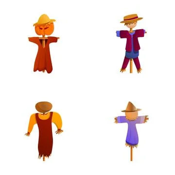 Scarecrow icons set cartoon vector. Funny bird scarecrow Stock Illustration