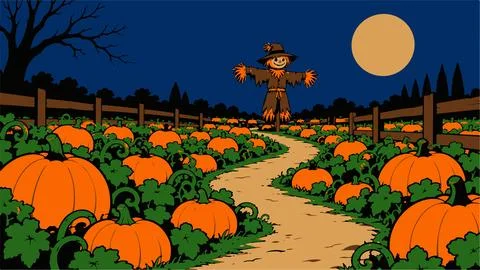 Scarecrow in pumpkin patch field, spooky halloween night with full moon Stock Illustration