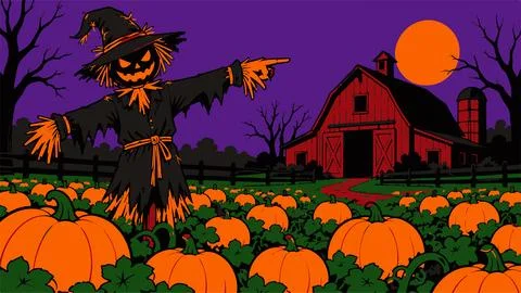 Scarecrow in pumpkin patch points direction with red barn and orange moon Stock Illustration
