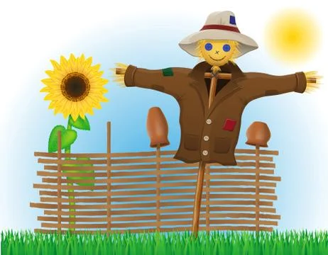 Scarecrow straw in a coat and hat with fence and sunflowers Stock Illustration