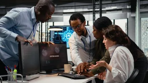 Scared admins in office panicked by alert, trying to stop hacker intrusion Foto stock