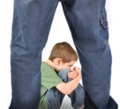 Scared boy afraid of bully on white Stock Photos