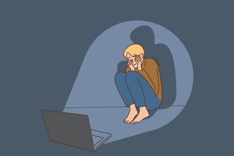 Scared boy afraid of movie on laptop Stock Illustration