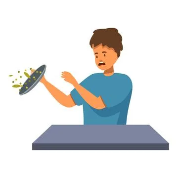 Scared boy dropping food from plate at table Stock Illustration