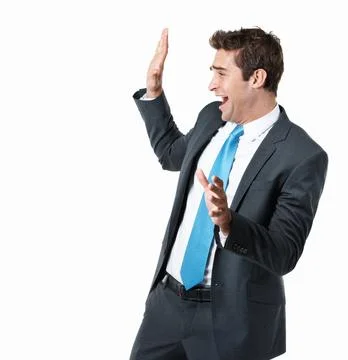 Scared, business and man in studio with scream, danger and survival instinc.. Stock Photos