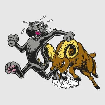 Scared Cat Running from Angry Ram Fighting Stock Illustration