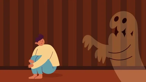Scared child hides from shadowy ghost in dark room with striped wallpaper. Stock Footage 334090846