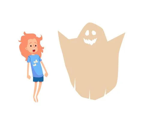 Scared child screaming seeing ghost, flat vector illustration isolated. Stock Illustration