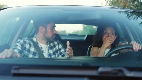 Scared couple inside car get a drive accident. Slow motion Stock Footage 274424209