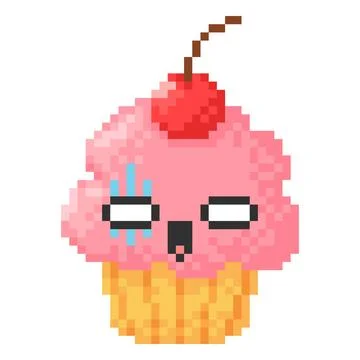 Scared cupcake with cherry berry face kawaii emoji emoticon pixel art, vector Stock Illustration