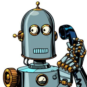 Scared funny robot talking on a retro phone. isolate on white background Stock Illustration