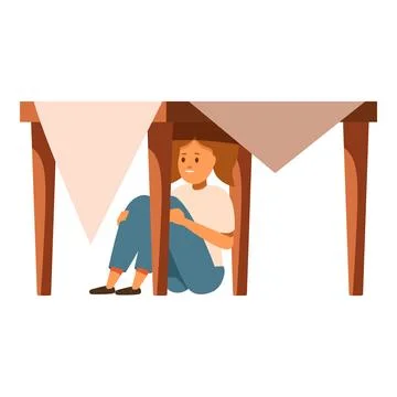 Scared girl hiding under table during earthquake avoiding danger Ilustración de archivo