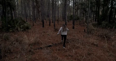 Scared girl running through pine forest, drone shot Stock Footage 104817587