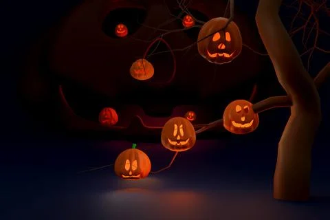 Scared Jack O Lantern and candle light in pumpkin in cemetery for happy hal.. Stock Illustration