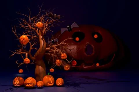 Scared Jack O Lantern and candle light in pumpkin with tree and bat for hap.. 스톡 일러스트