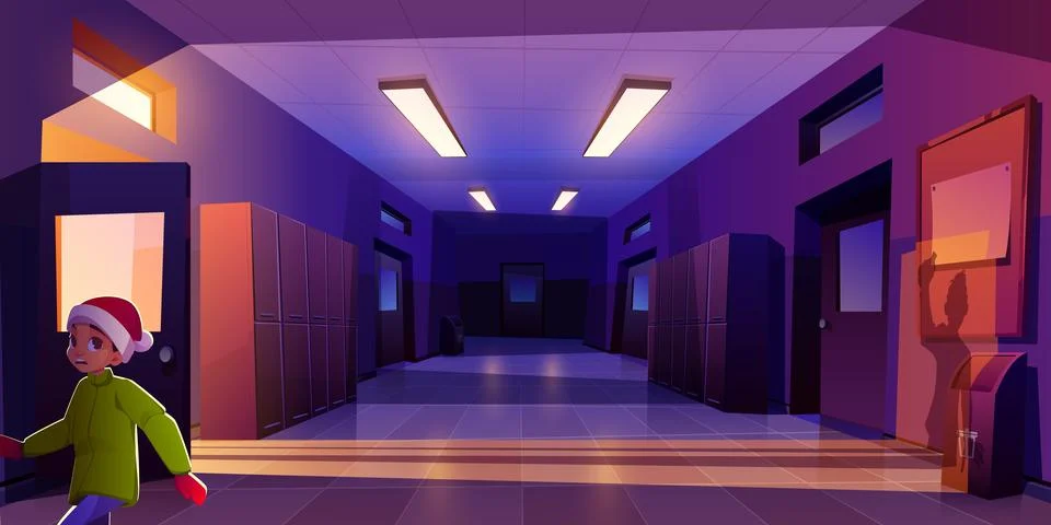 Scared kid boy in dark empty school corridor Stock Illustration
