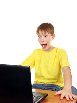 Scared Kid with Laptop Foto stock