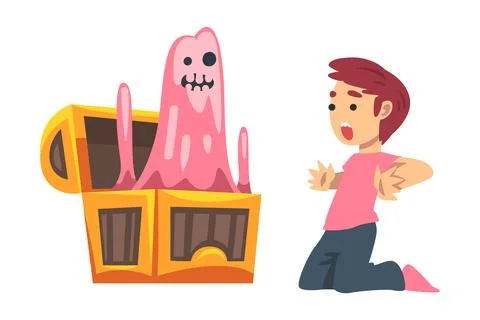 Scared Little Boy Screaming Afraid of Ghost Peeped out from Chest as Childhood Stock Illustration