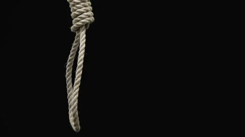 Hand holding rope noose with hangman's knot - Stock Photo