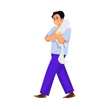 Scared man evacuates with a cat in his arms, Vector Illustration isolated on Stock Illustration