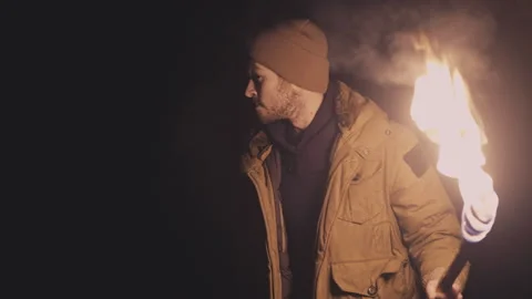 Scared Man with Fire Torch Lost in the Underground Ancient Vault Stock Footage 170726902