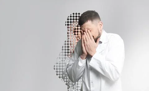 Scared man having hallucination on light background. Distorted image Stock Photos