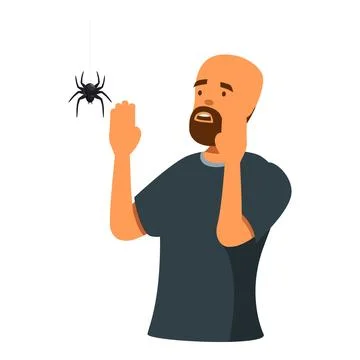 Scared man looking at a spider hanging from a thread Stock Illustration