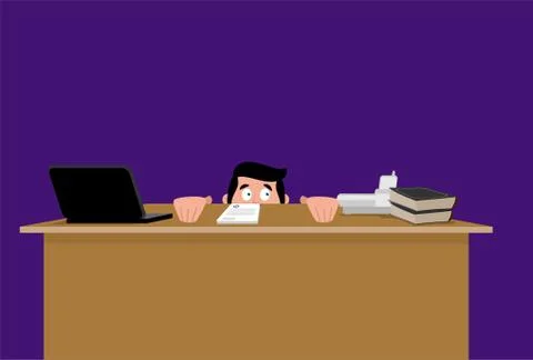 Scared man peeks out from under table. vector illustration Illustrazione stock