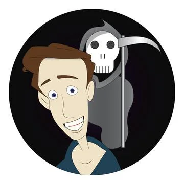 Scared man with reaper in the background round sticker label Stock Illustration