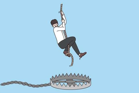 Scared man on rope afraid fall into trap Stock Illustration