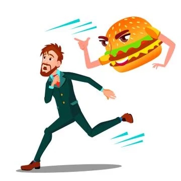 Scared Man Runing Away From Hamburger Vector. Isolated Cartoon Illustration Stock Illustration
