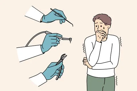 Scared man stressed with dental tools and dentist 스톡 일러스트