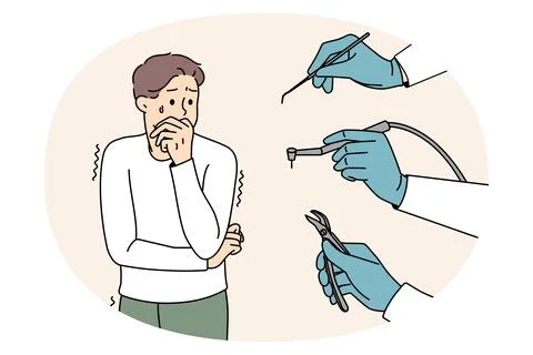 Scared man stressed with dental tools and dentist Stockillustratie