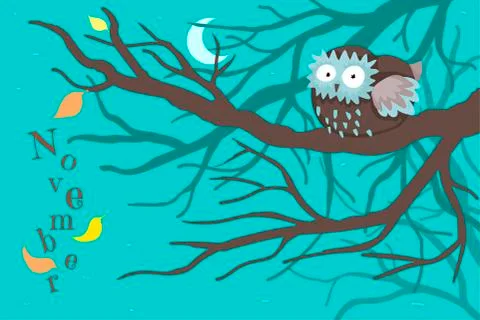 The scared owlet sleeps on a tree, a branch of trees at night and the last Stock Illustration