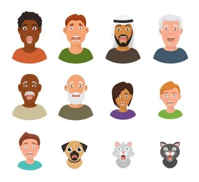 Scared people face vector frightened characters scary in panic and afraid Illustrazione stock