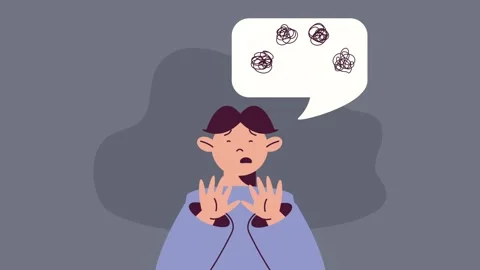 Scared person with confused thoughts in speech bubble. Stock Footage 333719826