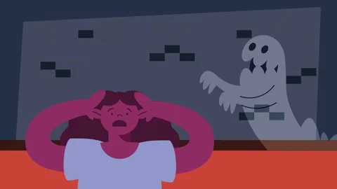 Scared person reacting to ghost appearing behind window glass with dark omi.. Stock Footage 333722742