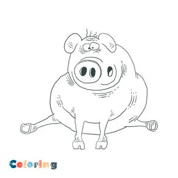 Scared pig. Vector caricature in the form of coloring. Stock Illustration