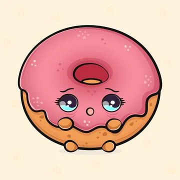 Scared pink Donut character. Vector hand drawn traditional cartoon vintage,.. Stock Illustration