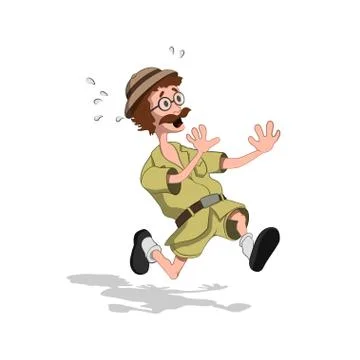 Scared professor in cartoon style. Image of runing hunter in isometric view. Illustrazione stock